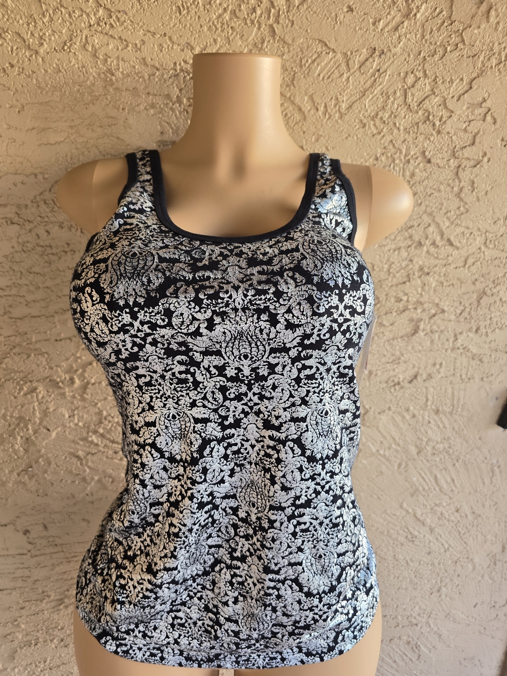 No Boudaries Black & Silver Damask Racerback Tank Top